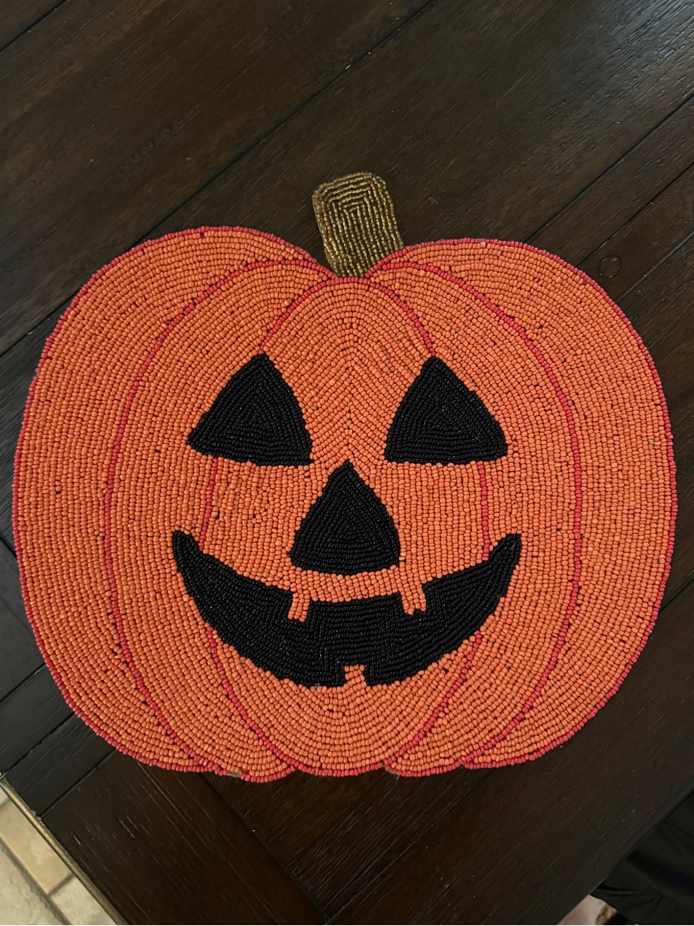 Hand-Beaded Pumpkin Placemat - Orange & Black with gold stem